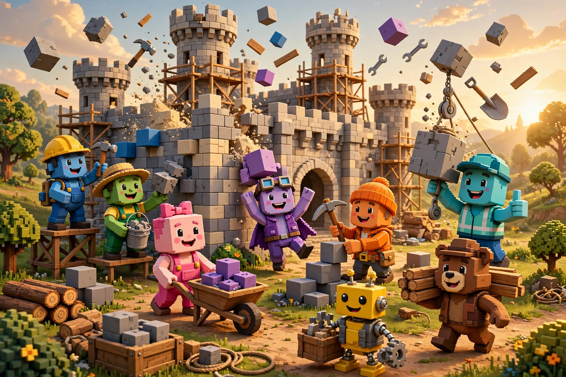 Illustration of the Minecraft player community sharing tips, answering questions, and helping each other with download guides