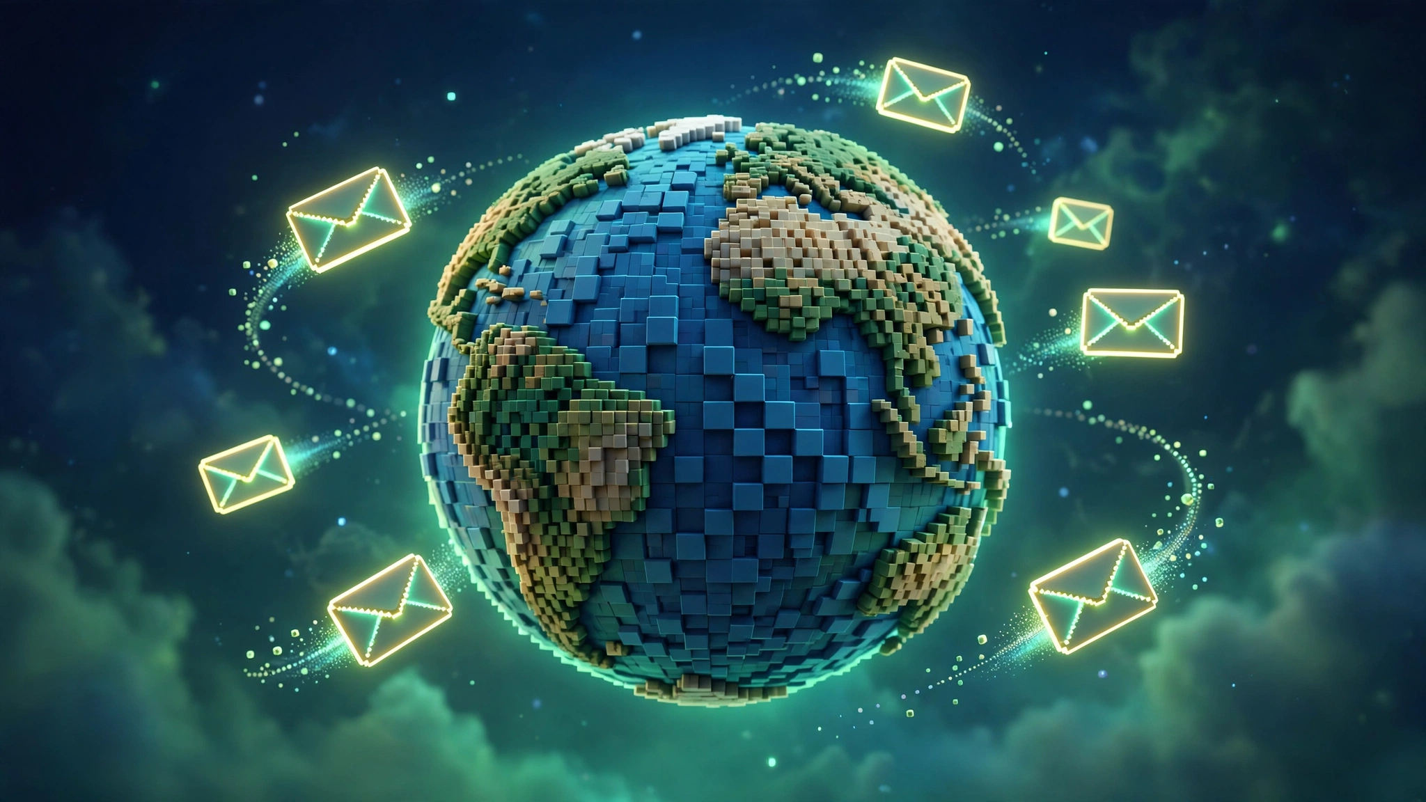 Illustration of a globe with contact icons for reaching Minecraft APK worldwide support