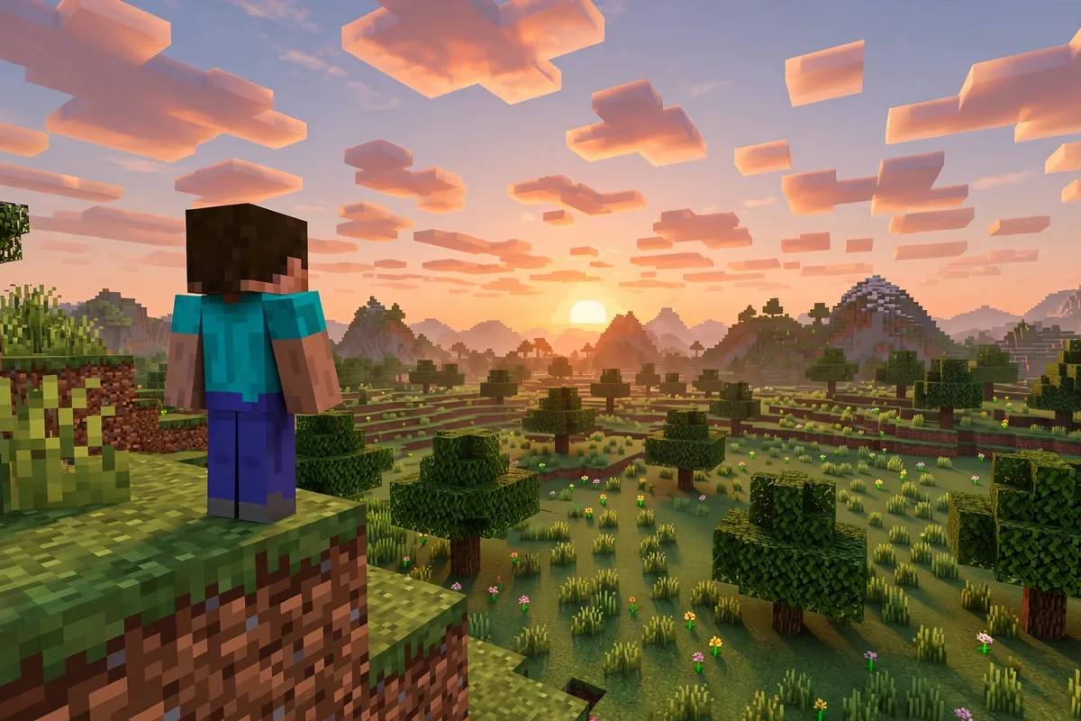 Minecraft sunrise over blocky plains biome