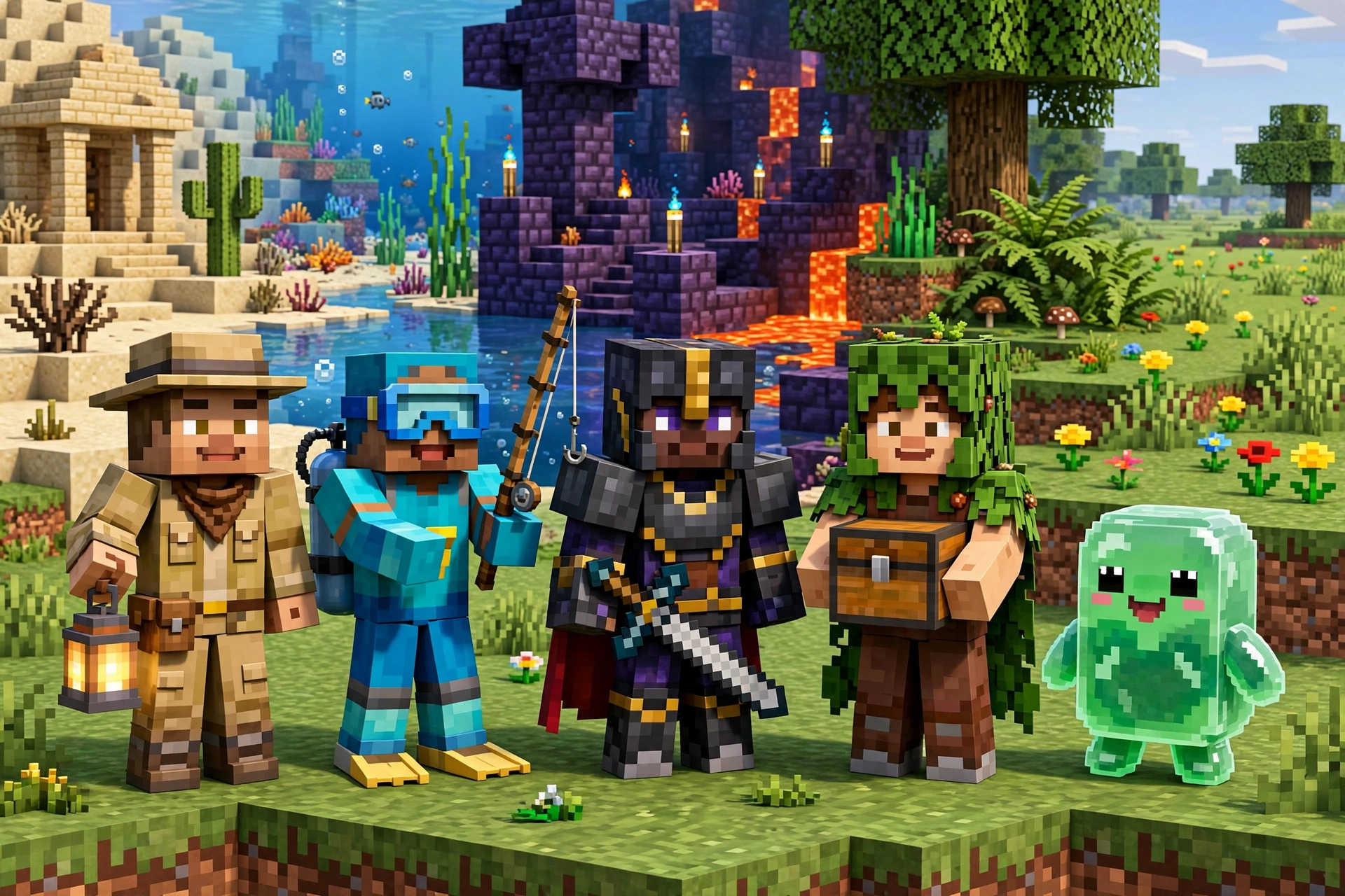 Jenny Mod characters lineup — companions from desert, ocean, nether and forest biomes