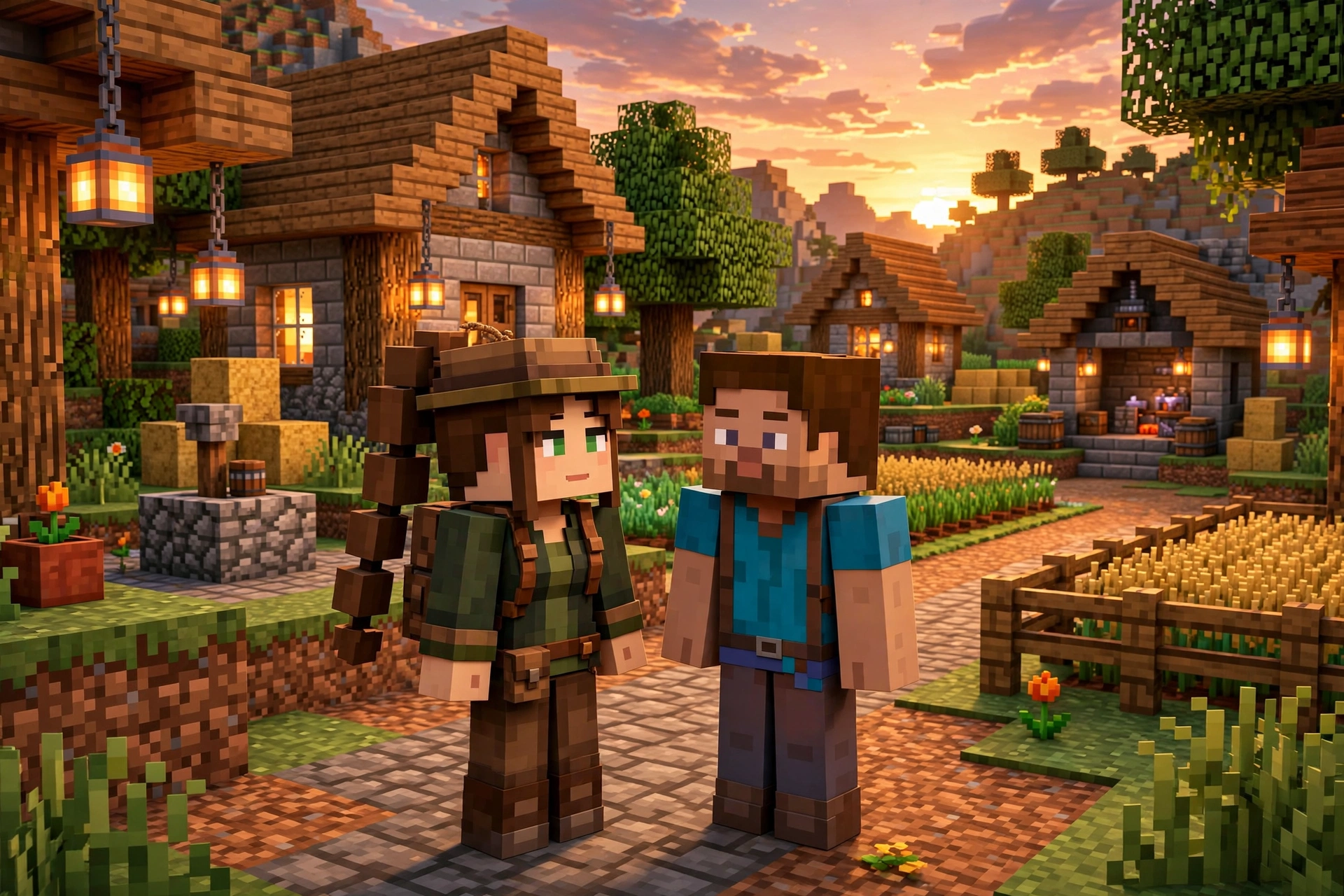 Jenny Mod Minecraft companion character with player in a blocky village at sunset